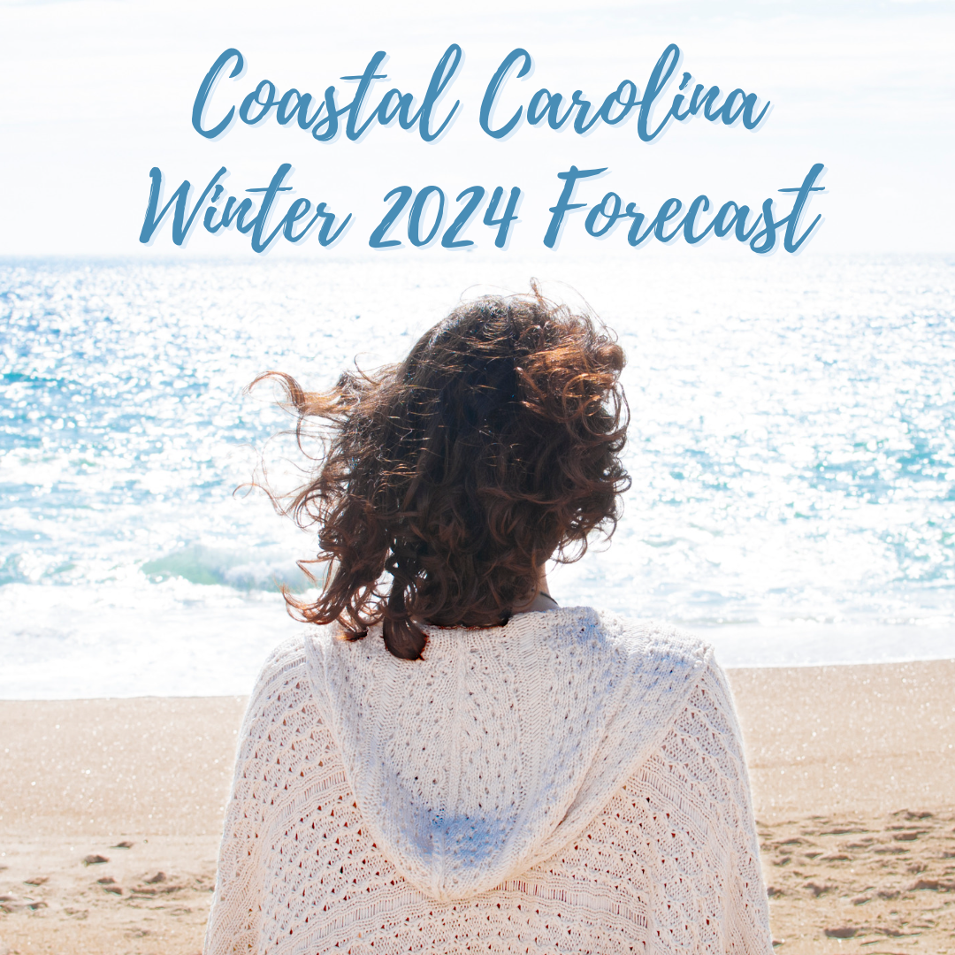 Back view of woman with curly brown hair and wearing a white cardigan at the beach. Text on photo "Coastal Carolina Winter 2024 Forecast"