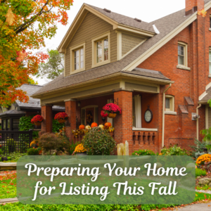 a brick home decorated for fall text on photo "Preparing Your Home for Listing This Fall"